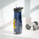Printify eco-friendly water bottle in blue with black lid and yellow design near gray dumbbells