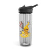 Transparent CamelBak eco-friendly water bottle with black lid and yellow bird design sipping tea