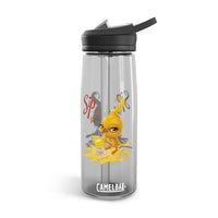 Printify CamelBak eco-friendly water bottle with yellow bird design and black flip lid