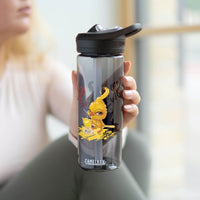 Printify eco-friendly water bottle with black lid and yellow bird design held by person
