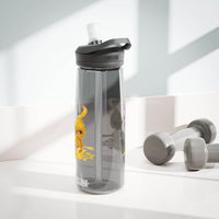 Printify eco-friendly water bottle with gray lid and yellow graphic near gray dumbbells on white surface