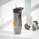 Printify eco-friendly water bottle with black lid and yellow design standing next to gray dumbbells
