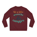 Maroon eco-friendly campfire sweatshirt with the quote life is better around the campfire