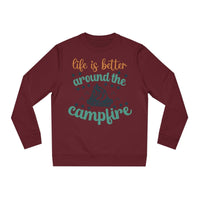 Maroon eco-friendly campfire sweatshirt with the quote life is better around the campfire