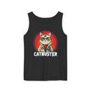 Black eco-friendly tank top by Printify with a graphic of a cat wearing glasses and jacket labeled Catbuster