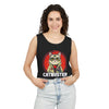 Printify eco-friendly tank top featuring catbuster graphic worn by smiling woman with curly hair