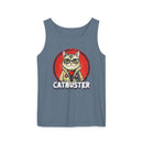 Printify eco-friendly tank top with Catbuster cat graphic on blue sleeveless shirt