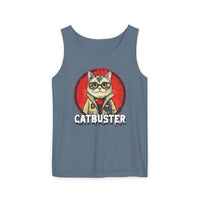 Printify eco-friendly tank top with Catbuster cat graphic on blue sleeveless shirt