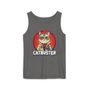 Printify eco-friendly tank top with Catbuster graphic design on gray fabric