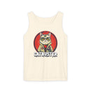 Printify eco-friendly tank top with Catbuster graphic design featuring a cat in glasses and jacket