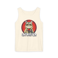 Printify eco-friendly tank top with Catbuster graphic design featuring a cat in glasses and jacket