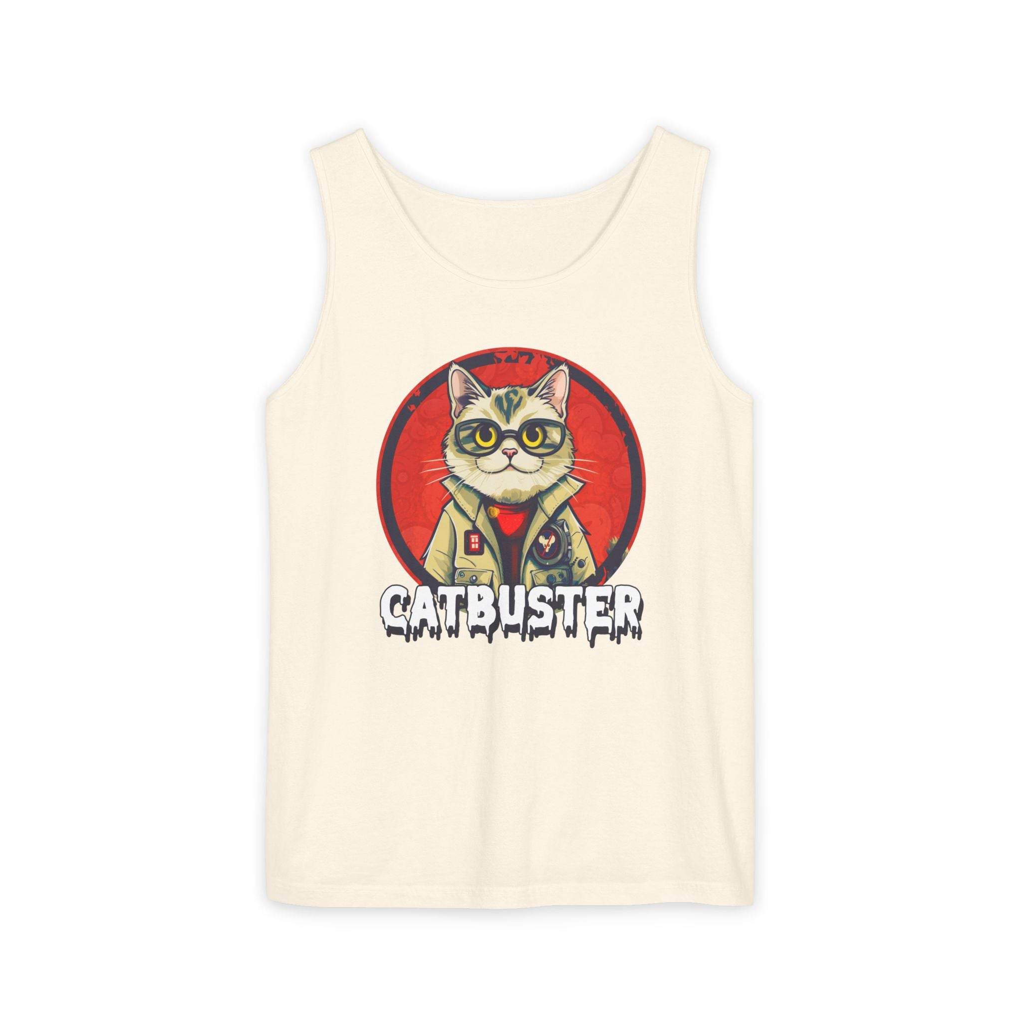Printify eco-friendly tank top with Catbuster graphic design featuring a cat in glasses and jacket