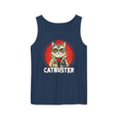Navy Printify eco-friendly tank top featuring Catbuster cat graphic design