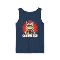 Navy Printify eco-friendly tank top featuring Catbuster cat graphic design