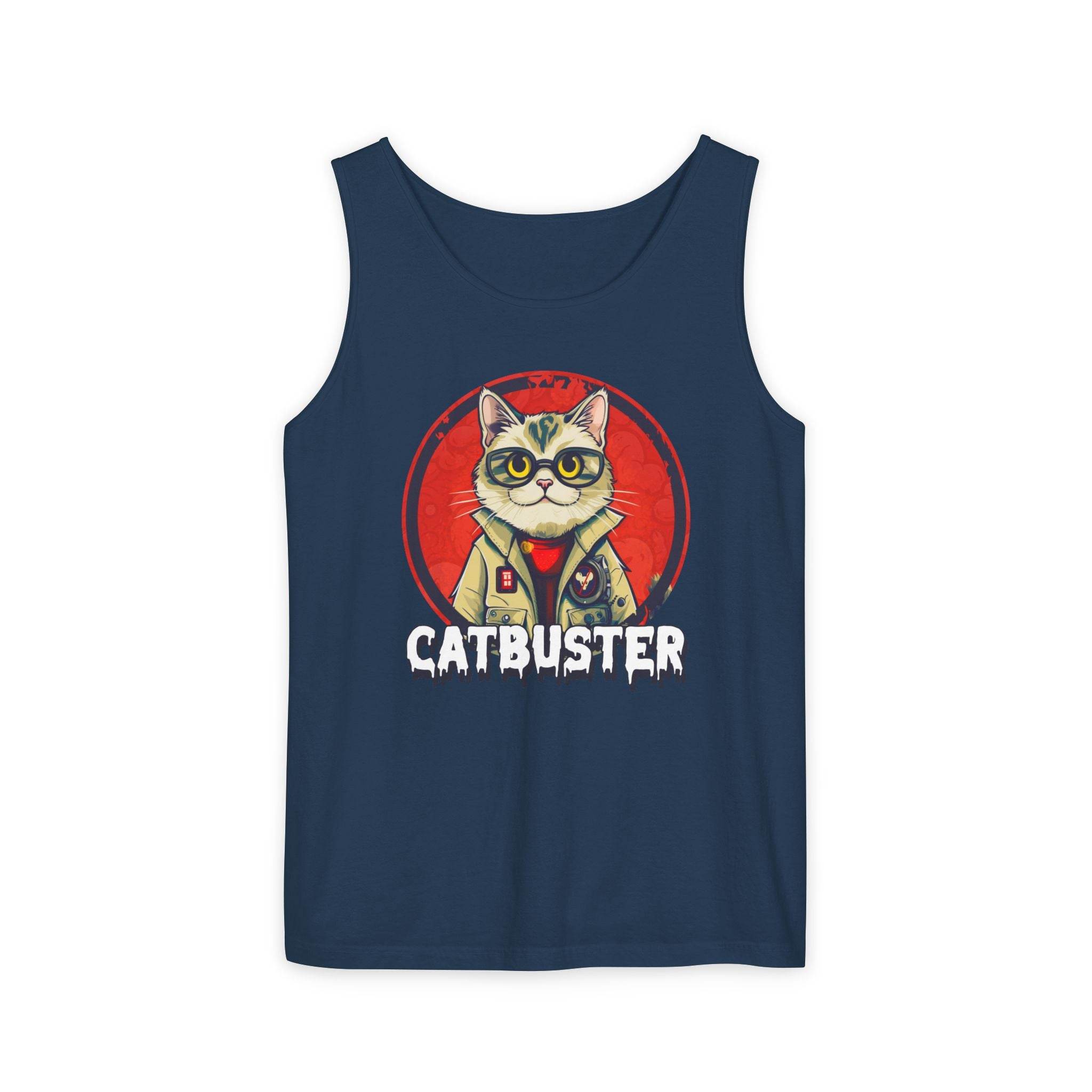 Navy Printify eco-friendly tank top featuring Catbuster cat graphic design