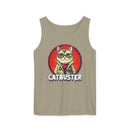 Printify eco-friendly tank top with Catbuster cat graphic in vintage style on beige fabric
