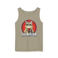 Printify eco-friendly tank top with Catbuster cat graphic in vintage style on beige fabric