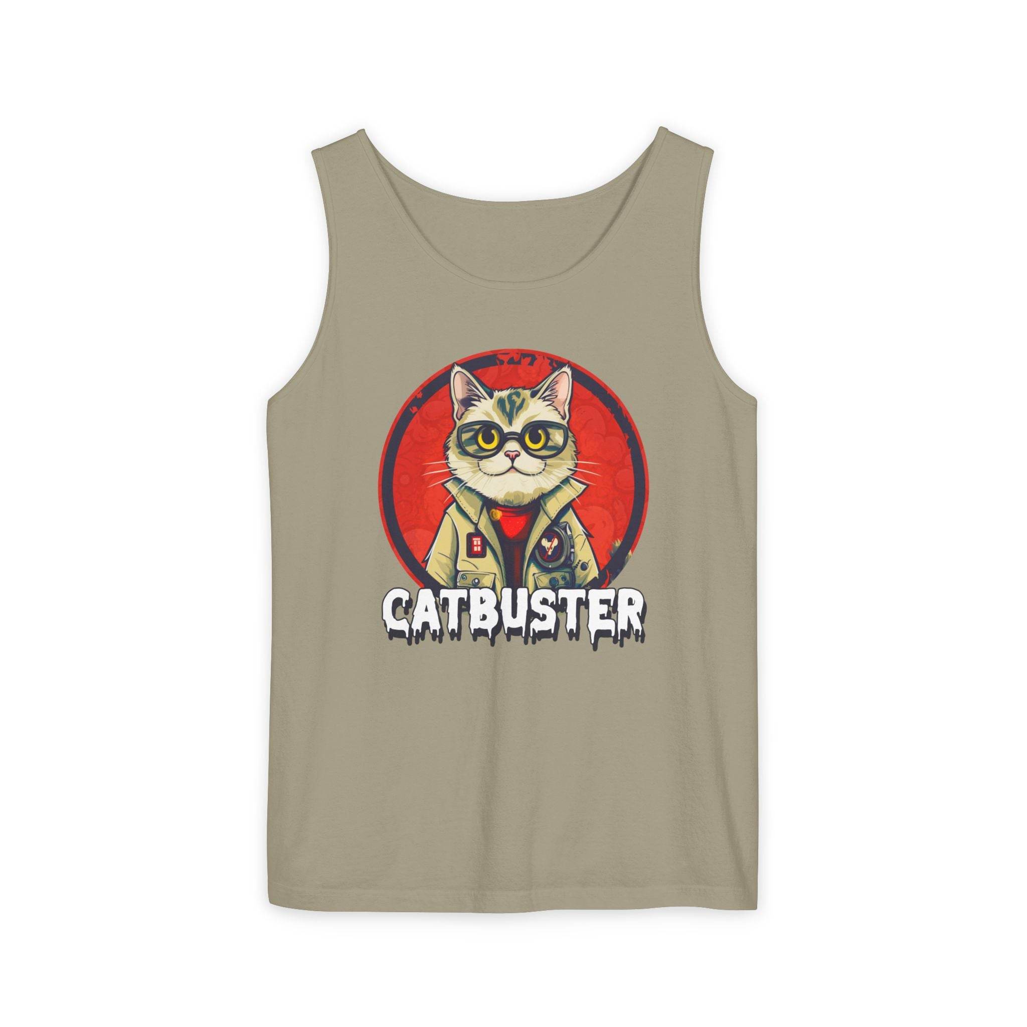 Printify eco-friendly tank top with Catbuster cat graphic in vintage style on beige fabric