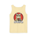 Printify eco-friendly tank top in beige with catbuster graphic featuring a cat in glasses and jacket