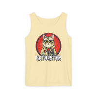 Printify eco-friendly tank top in beige with catbuster graphic featuring a cat in glasses and jacket