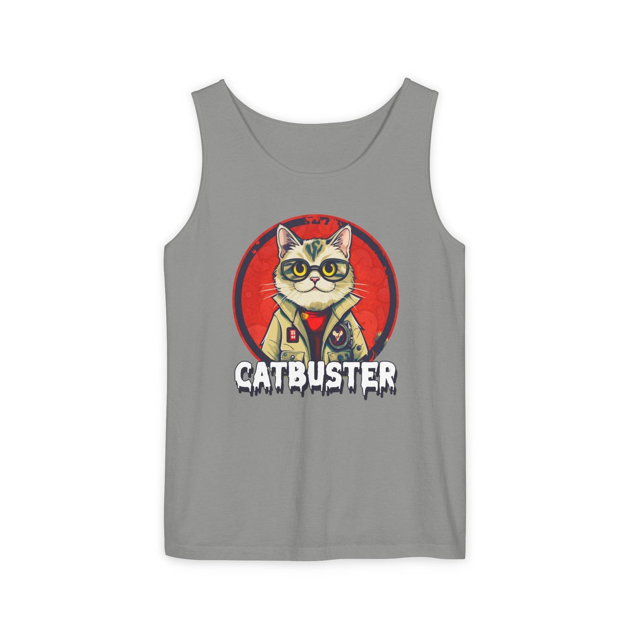 Gray eco-friendly tank top by Printify featuring a cartoon cat in a detective outfit with Catbuster text