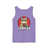 Purple Printify eco-friendly tank top featuring a graphic of a cat dressed as a ghostbuster with catbuster text