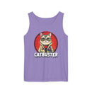 Purple Printify eco-friendly tank top featuring a graphic of a cat dressed as a ghostbuster with catbuster text