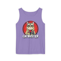 Purple Printify eco-friendly tank top featuring a graphic of a cat dressed as a ghostbuster with catbuster text