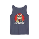 Printify eco-friendly tank top with Catbuster cat graphic on dark blue fabric