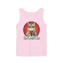 Printify pink eco-friendly tank top with Catbuster cat graphic and bold text design