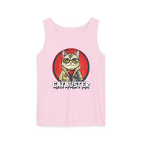 Printify pink eco-friendly tank top with Catbuster cat graphic and bold text design