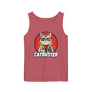 Printify eco-friendly tank top in red with catbuster graphic design of a cat in glasses and jacket