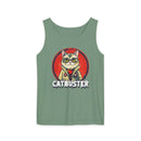 Printify eco-friendly tank top in green with Catbuster cat graphic on front