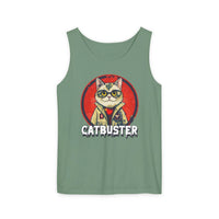 Printify eco-friendly tank top in green with Catbuster cat graphic on front