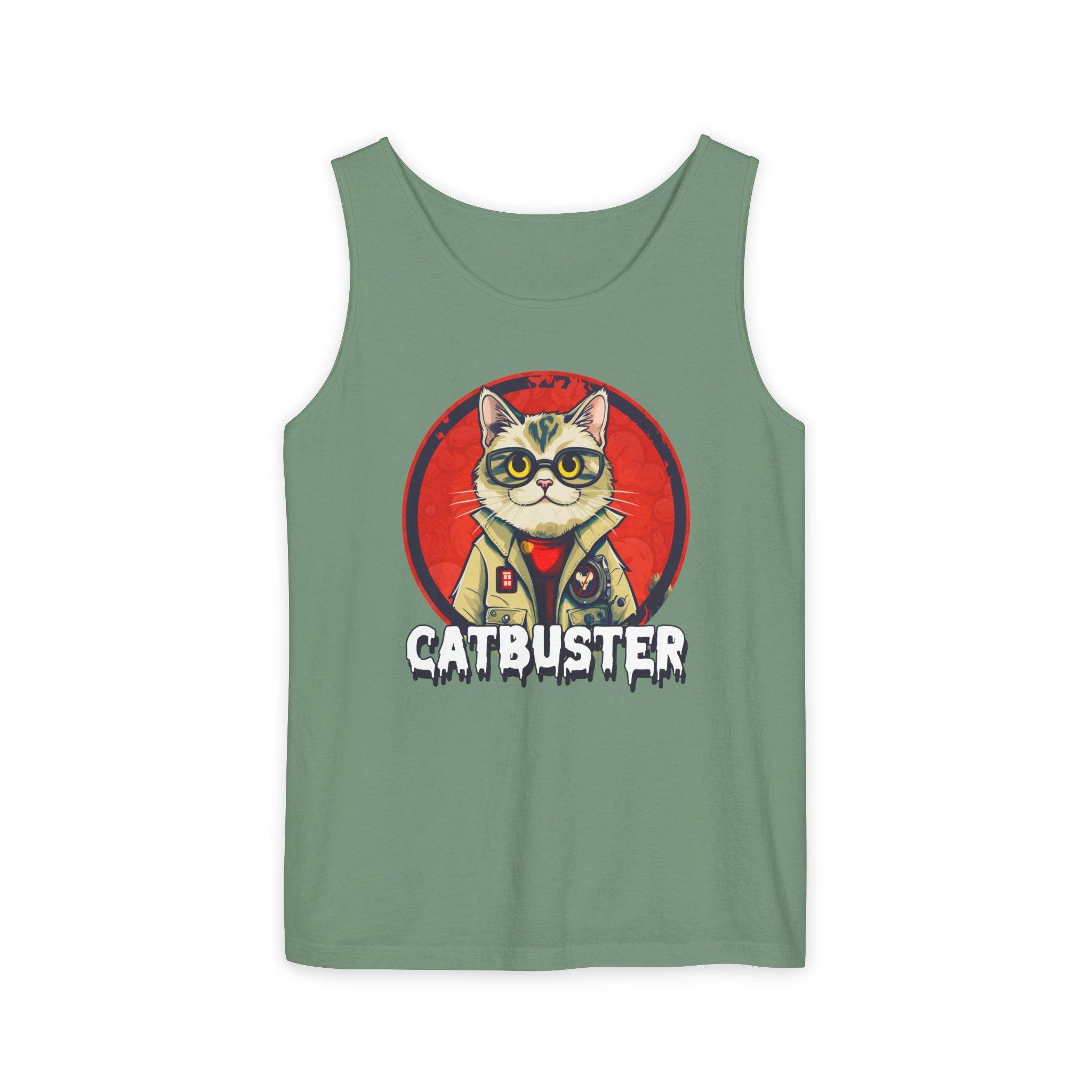 Printify eco-friendly tank top in green with Catbuster cat graphic on front