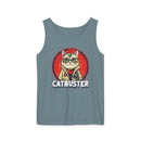 Printify eco-friendly tank top in blue featuring a cartoon catbuster graphic design