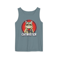 Printify eco-friendly tank top in blue featuring a cartoon catbuster graphic design