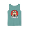 Printify eco-friendly tank top in teal with Catbuster graphic design featuring a cat in glasses