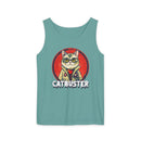Printify eco-friendly tank top in teal with Catbuster graphic design featuring a cat in glasses
