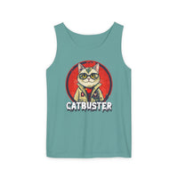 Printify eco-friendly tank top in teal with Catbuster graphic design featuring a cat in glasses