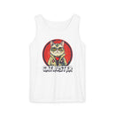 Printify eco-friendly tank top with Catbuster graphic featuring a cat in glasses and vest