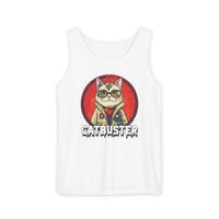 Printify eco-friendly tank top with Catbuster graphic featuring a cat in glasses and vest