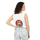 Woman wearing eco-friendly tank top with cat graphic and catbuster text on the back