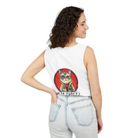 Woman wearing eco-friendly tank top with cat graphic and catbuster text on the back