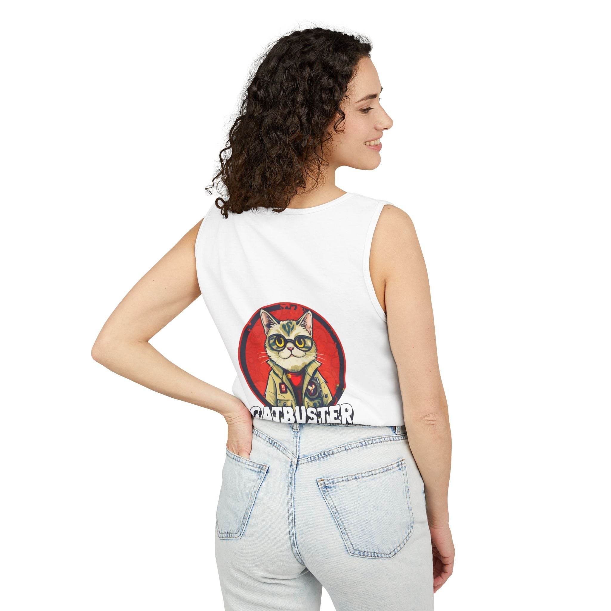 Woman wearing eco-friendly tank top with cat graphic and catbuster text on the back