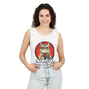 Printify eco-friendly tank top with Catbuster graphic worn by smiling woman with curly hair