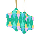 Printify ceramic holiday tree ornaments with colorful argyle pattern in star shape hanging by gold strings