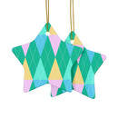 Printify ceramic holiday tree ornaments star-shaped with pastel argyle pattern hanging with gold string