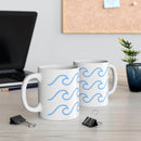 Printify ceramic mug with wave pattern featuring light blue waves on white background on office desk