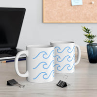 Printify ceramic mug with wave pattern featuring light blue waves on white background on office desk
